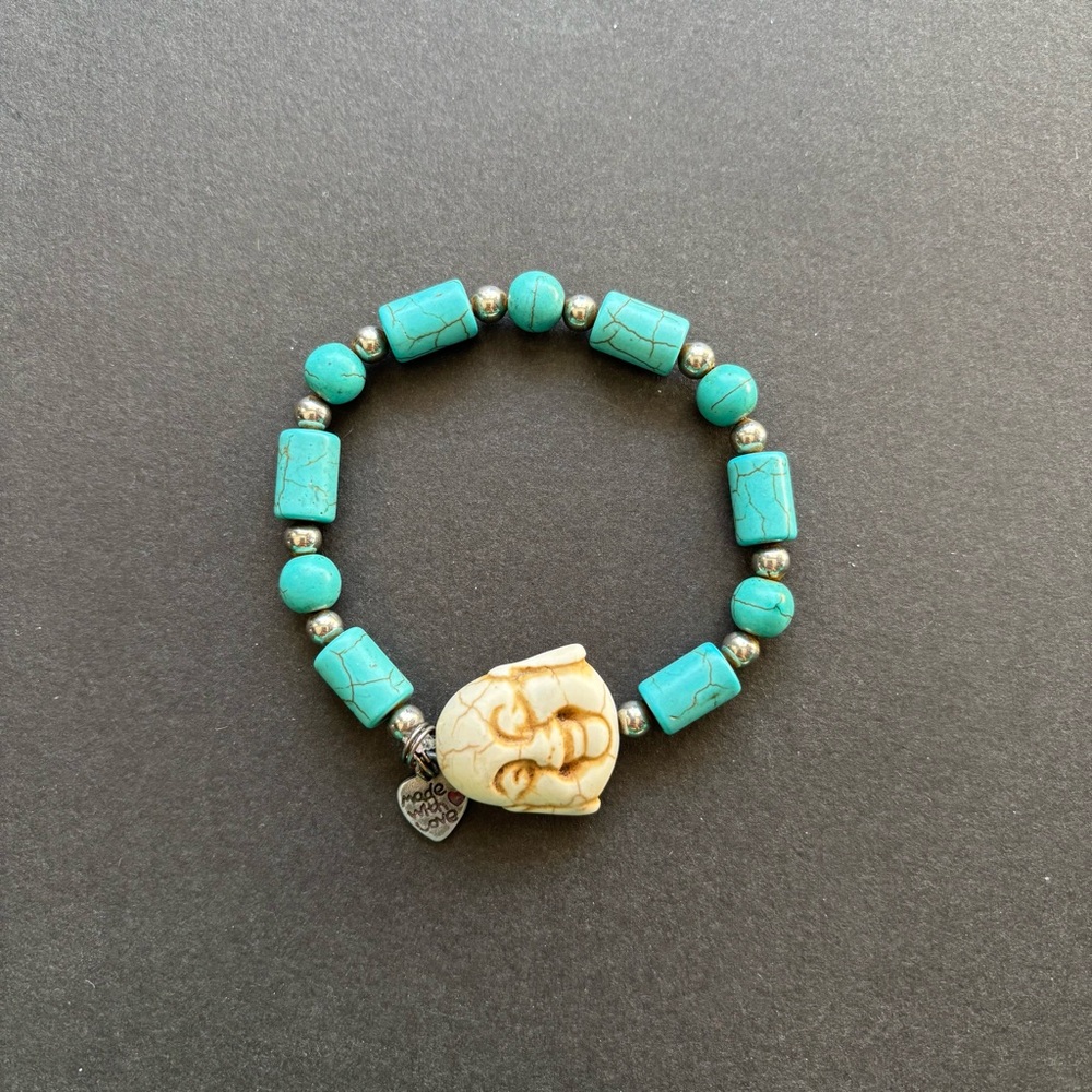 Howlite Buddha Charm Bracelet Turquoise Cream Beaded Handmade - Picture 2 of 5